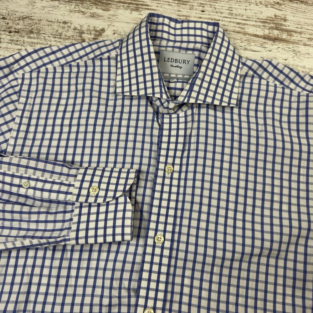 Ledbury Dress Shirt Spread Collar Mens 16 1/2 34/35 Slim Fit Blue White Check